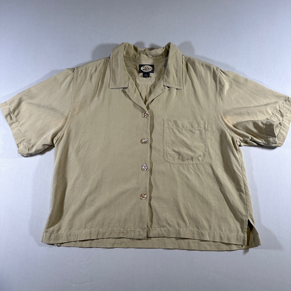 Tommy Bahama Silk‎ Camp Shirt Womens L M Boxy Beige Herringbone Button Up Resort